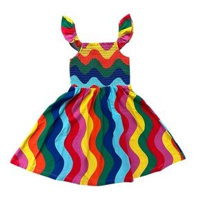 *New* Mini Boden Colorful Rainbow Wave Smocked Sundress Girls Size 3-4